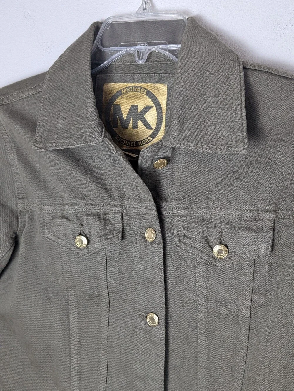 Michael Kors Denim Jacket Women Sz M Olive Green Gold Button Trucker Coat EUC